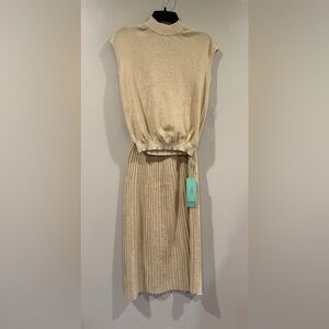 **NWT 2 Piece Set**Shimmering Beige Knit Top and Pleated Skirt Size Small